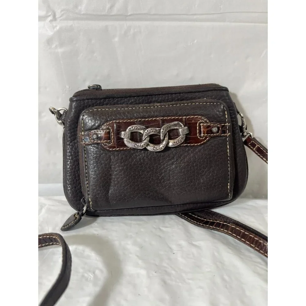 Brighton Crossbody Organizer Brown Pebbled Leather Decorative Chain Hardware
